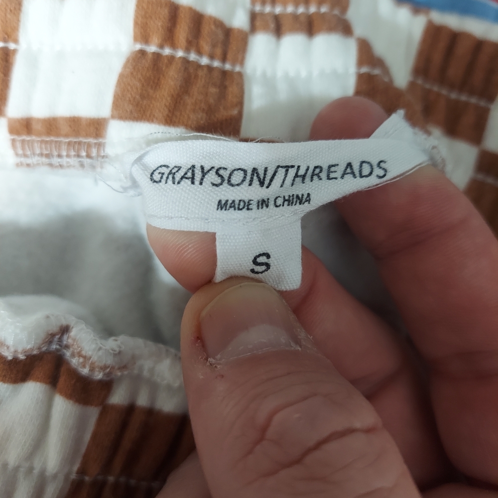 Grayson Threads Checkered Flare Lounge Pants Brown White Small Raw Hem High Rise - Picture 4 of 10